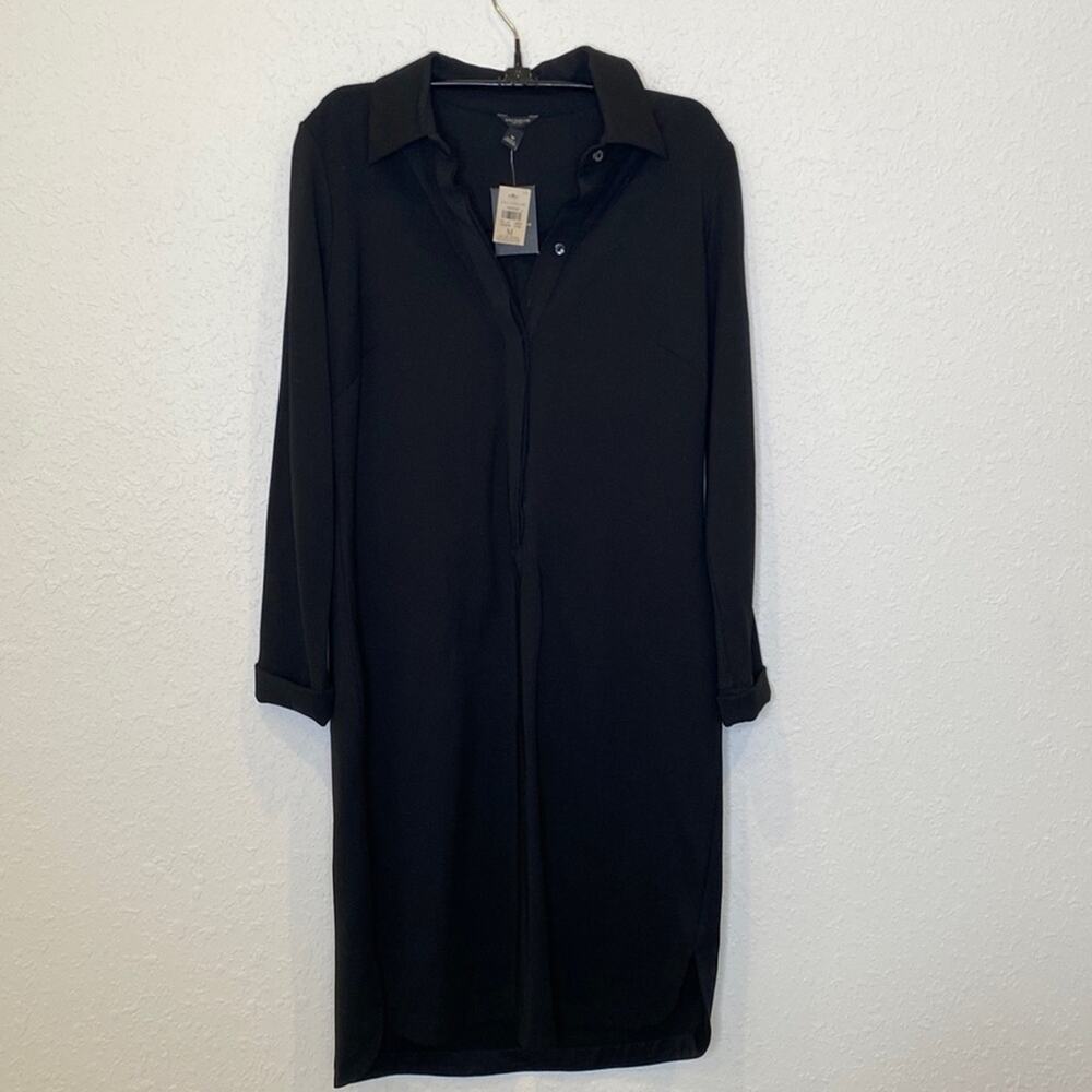 Ann Taylor Black Collared Half Button Down Midi Shirt Dress NWT Sz M Rayon